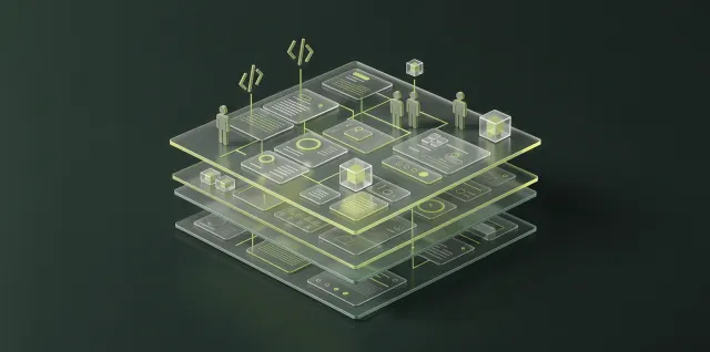 Ilustração isométrica de camadas de produto digital em vidro, com interfaces e código emergindo e squads ao redor