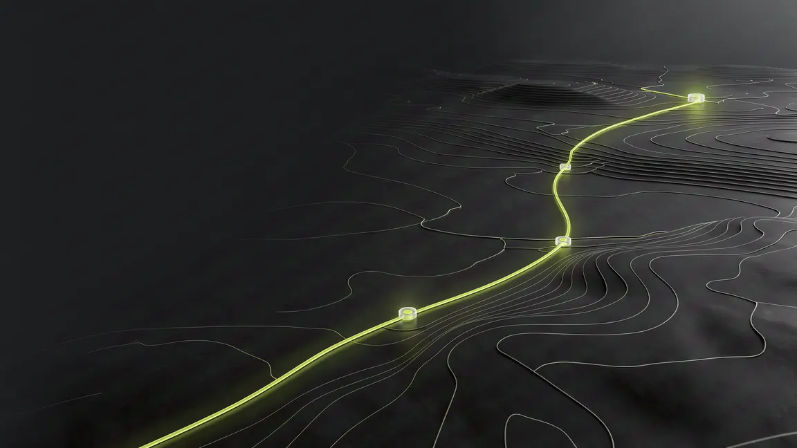 Linha luminosa verde percorrendo um mapa topográfico escuro, com marcos ao longo do caminho